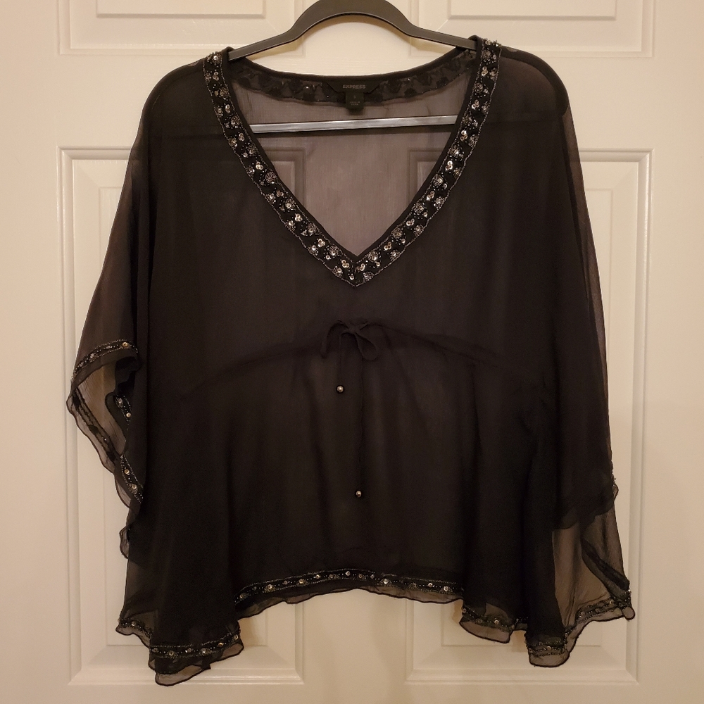 Express blouse with cinched tie and beads